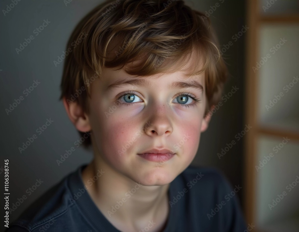 A young boy from Russia gazes directly at the viewer with captivating grey eyes. His tousled hair frames his face, and he wears a cozy casual clothes. Rosy cheeks, piercing serious look. Generative AI A young boy from Russia gazes directly at the viewer with captivating grey eyes. His tousled hair frames his face, and he wears a cozy casual clothes. Rosy cheeks, piercing serious look. Generative AI