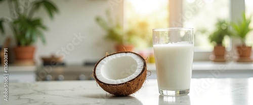 Fresh coconut and milk glass representing healthy lifestyle against bright kitchen window with copy space photo