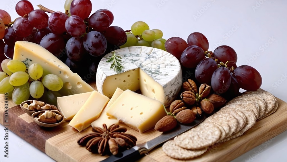 Gourmet Cheese Board Displaying an Array of Cheeses, Fresh Grapes, Nuts, a Cheese Knife, and Aromatic Spices; Ideal for Hosting and Culinary Experiences. Gourmet Cheese Board Displaying an Array of Cheeses, Fresh Grapes, Nuts, a Cheese Knife, and Aromatic Spices; Ideal for Hosting and Culinary Experiences.