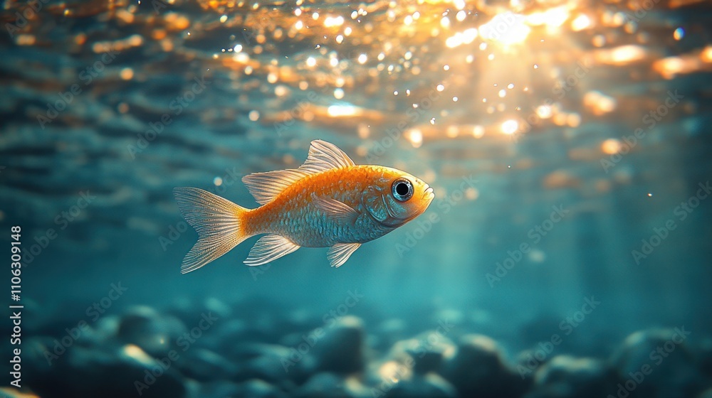 Small orange fish swimming underwater in sunlit water.