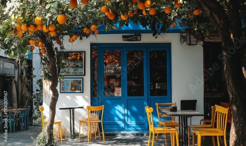 Fototapeta Naklejka Na Ścianę i Meble -  A cafe, with blue doors and windows, orange fruit trees, yellow chairs, vintage aesthetics.
