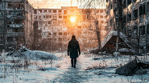 Solitary figure walking through a snow-covered, abandoned urban area at sunset, evoking desolation and resilience photo