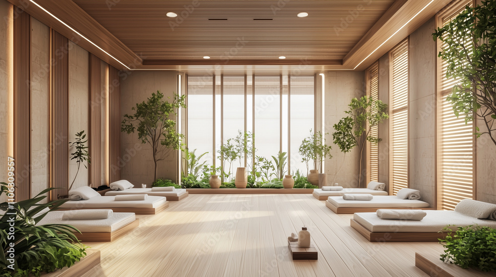 Fototapeta premium Modern spa relaxation room with wooden decor, natural lighting, greenery, and cozy daybeds creating a serene atmosphere