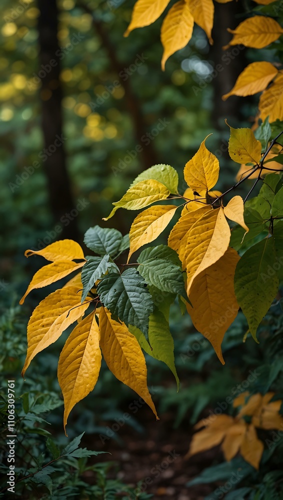 Obraz premium Lush green and golden leaves with natural beauty.