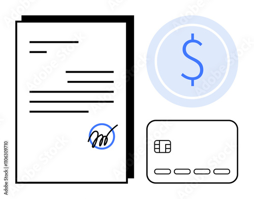 Document with signature, dollar sign in blue circle, and credit card. Ideal for financial agreements, contracts, banking, business transactions, electronic payments, legal documents commercial