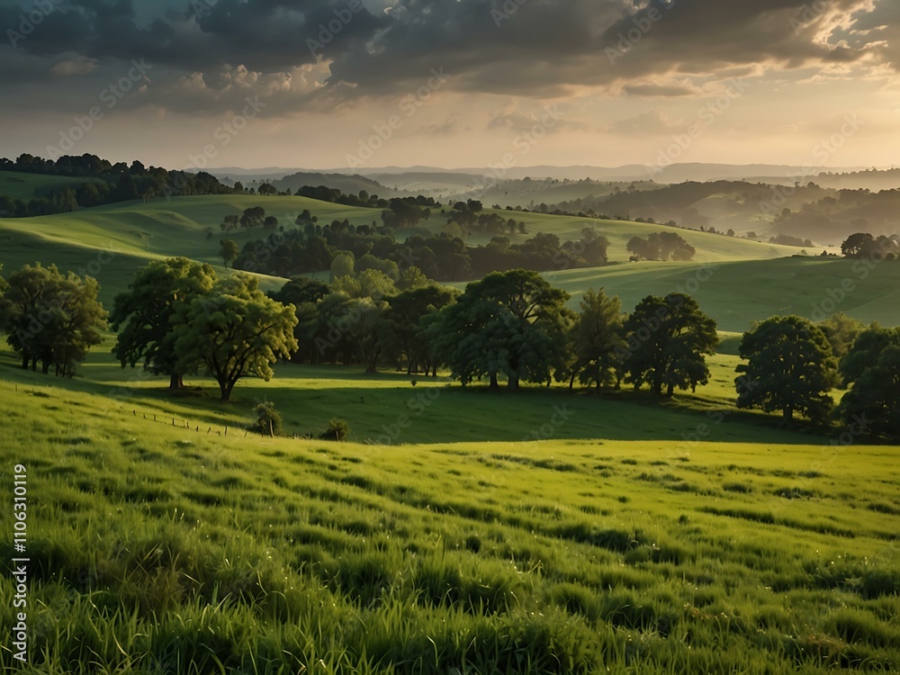 Obraz premium Lush green field with trees and pastures.
