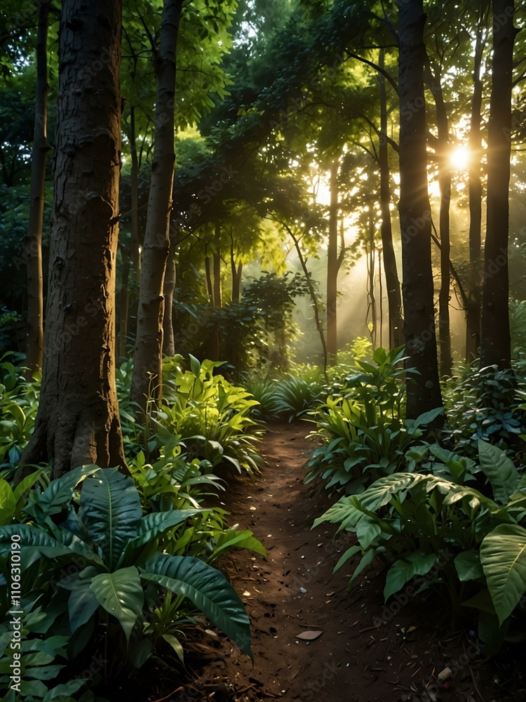 Fototapeta premium Lush green forest garden with sunlight.