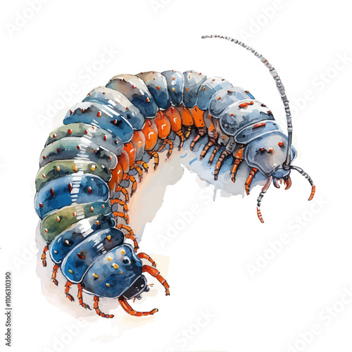 A watercolor of a Millipede, isolated on a white background. Millipede vector.