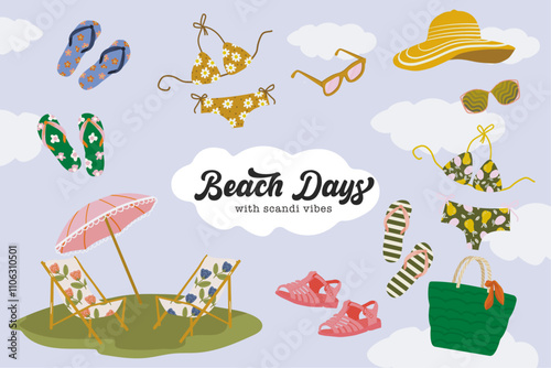 Scandinavian Summer Beach Life Vector Set, hand drawn retro floral bikinis, beach accessories, flip flops, jelly shoes and sun glasses