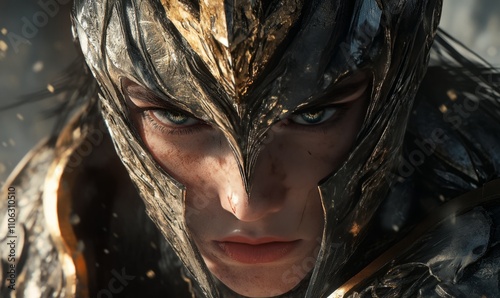 A close-up of a person wearing intricate metallic armor with sharp features and piercing eyes, capturing attention with a fierce expression photo