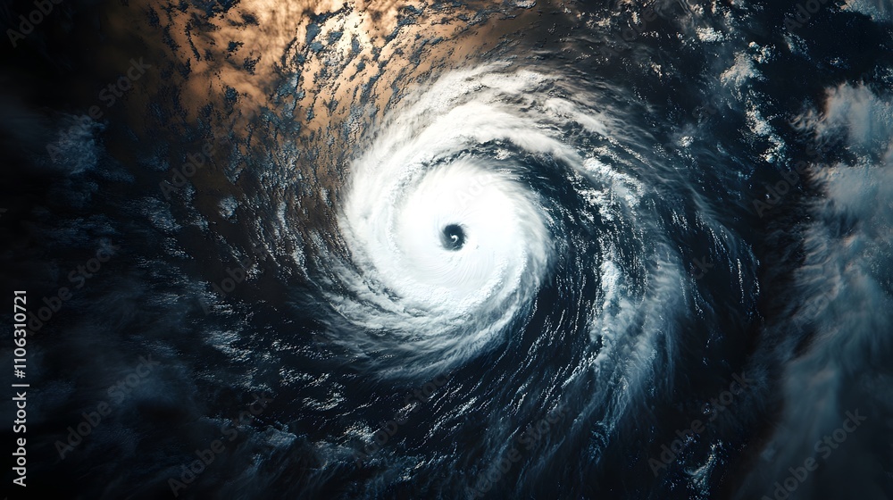 A satellite view of the eye and vortex center of an extremely powerful hurricane, with swirling clouds in white against the dark blue sea water A satellite view of the eye and vortex center of an extremely powerful hurricane, with swirling clouds in white against the dark blue sea water