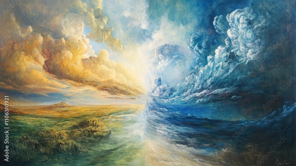 A Dramatic Contrast Of Golden And Blue Skies Over Land And Sea A Dramatic Contrast Of Golden And Blue Skies Over Land And Sea