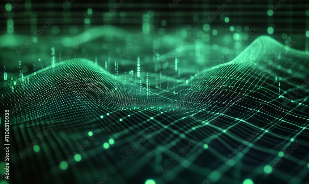 Futuristic digital sound wave visualization with green accents, over a grid layout representing data streams Futuristic digital sound wave visualization with green accents, over a grid layout representing data streams