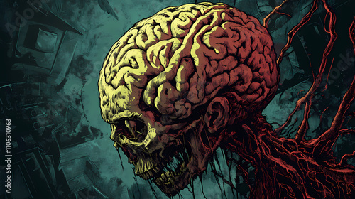 Mutated zombie brain with eldritch dark energy in graphic novel style with contrasting shadows and highlights. Eldritch. Illustration photo