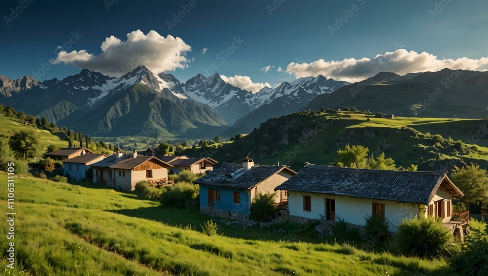 Obraz premium Lush landscape with mountains and traditional houses under a blue sky.