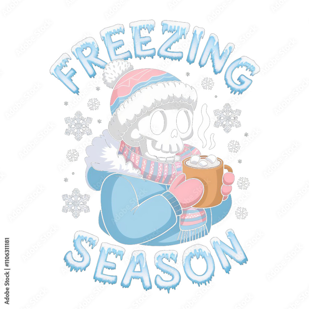 A skeleton dressed in winter attire, including a hat and scarf, holds a drink with a straw. Freezing Season A skeleton dressed in winter attire, including a hat and scarf, holds a drink with a straw. Freezing Season