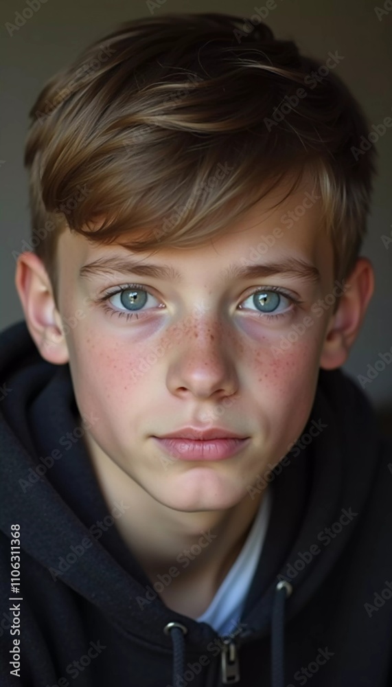 A young boy from Russia gazes directly at the viewer with captivating grey eyes. His tousled hair frames his face, and he wears a cozy casual clothes. Rosy cheeks, piercing serious look. Generative AI A young boy from Russia gazes directly at the viewer with captivating grey eyes. His tousled hair frames his face, and he wears a cozy casual clothes. Rosy cheeks, piercing serious look. Generative AI