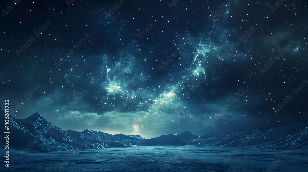 Majestic starry night sky over a frozen, mountainous landscape. Majestic starry night sky over a frozen, mountainous landscape.