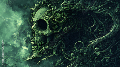 Mystical green reaper fantasy art: perfect for game design, digital art collections, and dark fantasy themed decor. Eldritch. Illustration photo