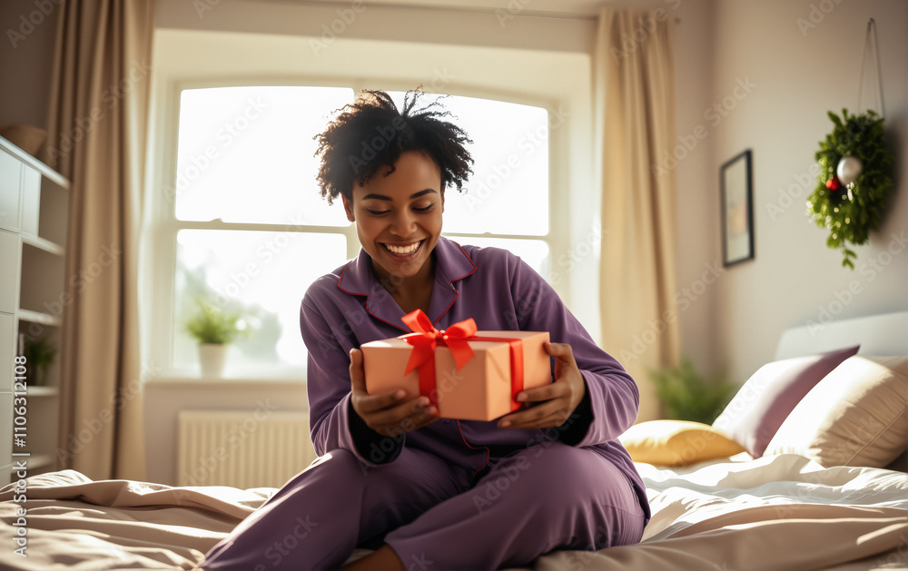 A cheerful young woman with natural curls sits on a bed in purple pajamas, holding a festive gift box wrapped in red ribbon. A cheerful young woman with natural curls sits on a bed in purple pajamas, holding a festive gift box wrapped in red ribbon.
