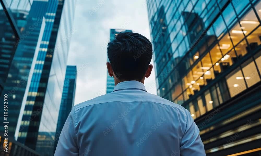 A man in a white shirt stands between tall glass buildings, gazing upward in a modern urban environment.
