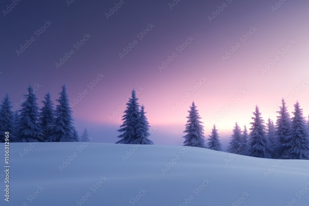 Serene winter dawn with snow-covered pine trees in a tranquil landscape Serene winter dawn with snow-covered pine trees in a tranquil landscape