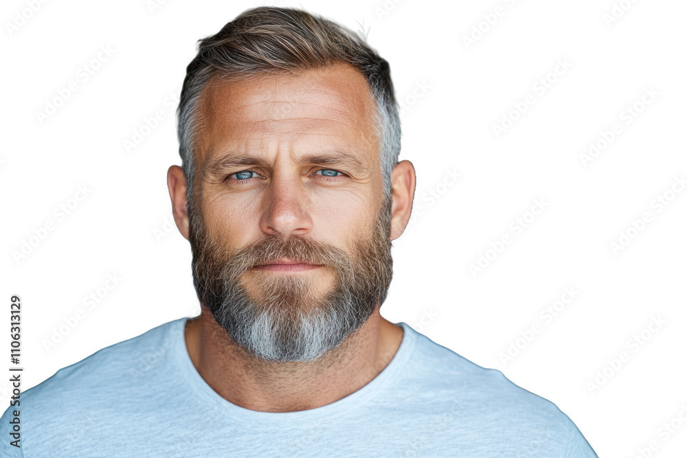 Obraz premium A close-up portrait of a mature man with a beard, showcasing striking blue eyes and a relaxed expression against a plain background