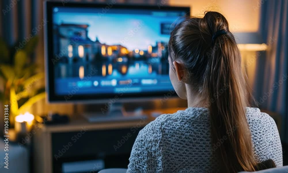 A person watching a tranquil scene on a television, illuminated by soft lighting, suggesting relaxation and leisure time. A person watching a tranquil scene on a television, illuminated by soft lighting, suggesting relaxation and leisure time.