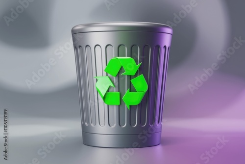 A metal trash can with a green recycling symbol; promoting waste recycling