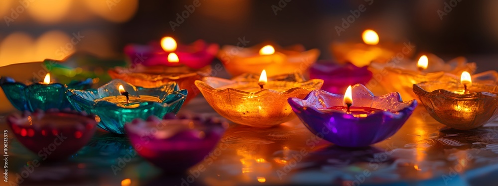 A photo of colorful Diwali lamps lit up against a soft pastel background, symbolizing the festive celebration and joy A photo of colorful Diwali lamps lit up against a soft pastel background, symbolizing the festive celebration and joy