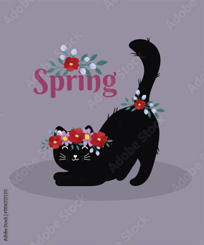 Flat Design Spring  Illustration with Cute Character Black Cat and Flowers Decoration