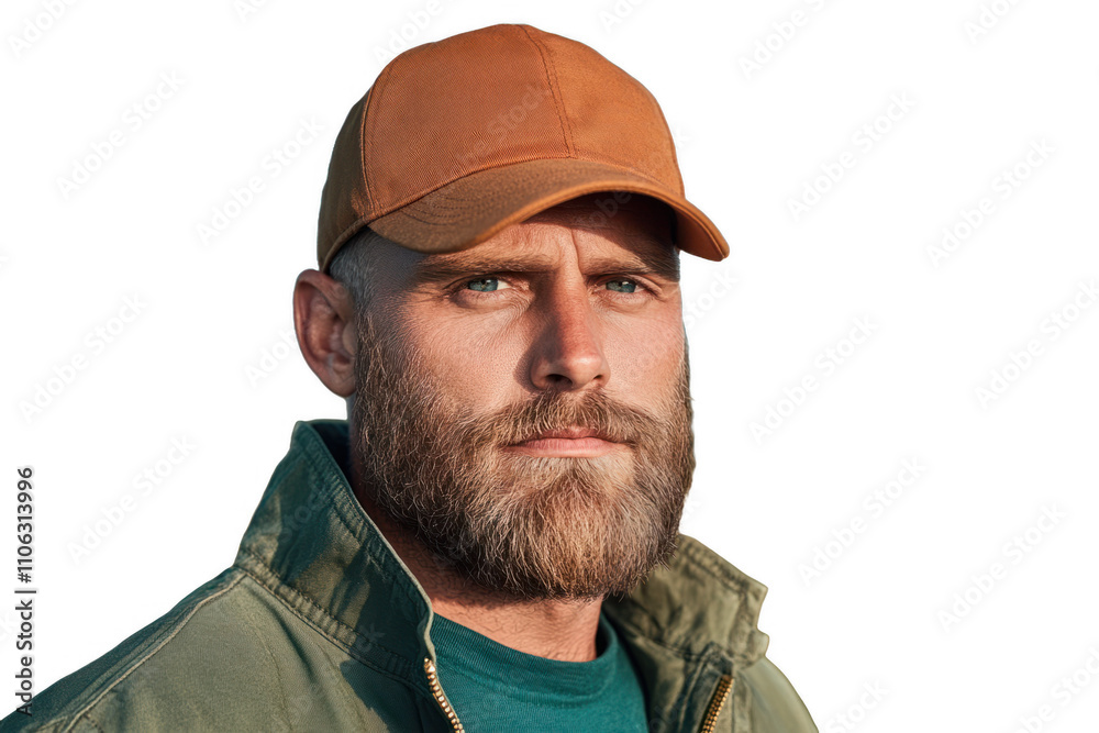 A man with a thick beard and brown cap confidently poses outdoors against a light backdrop during the golden hour
