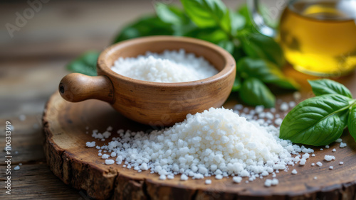 Celtic sea salt, crushed peppercorns, fresh basil leaves, and olive oil on a wooden cutting board.