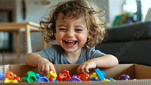 Child Laughing with Overflowing Toy Box