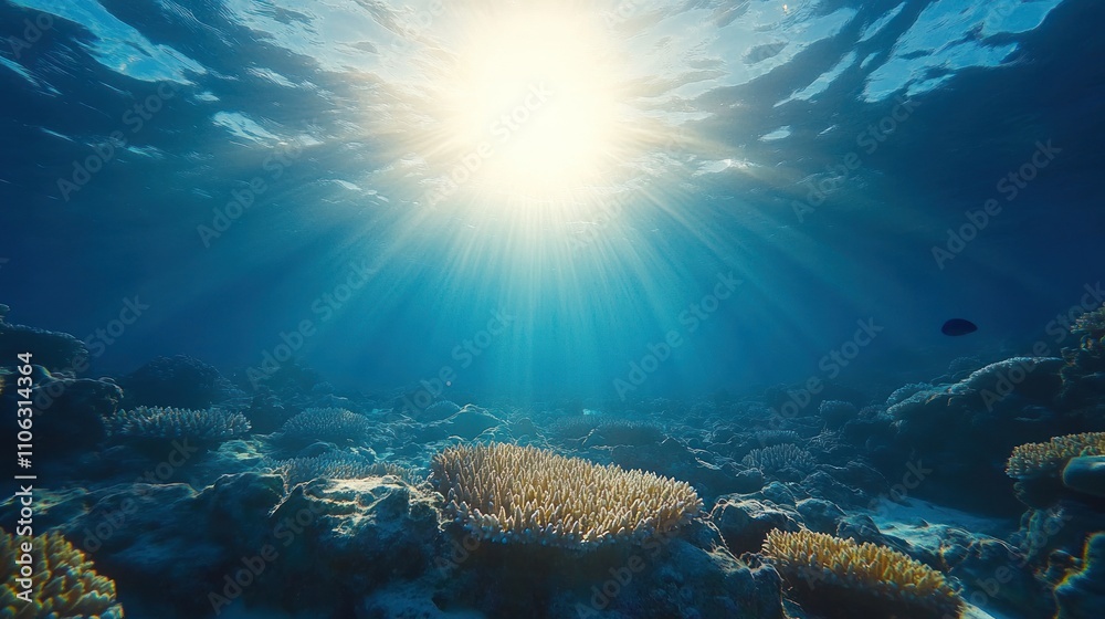 Naklejka premium Sunbeams illuminate vibrant underwater coral reef.