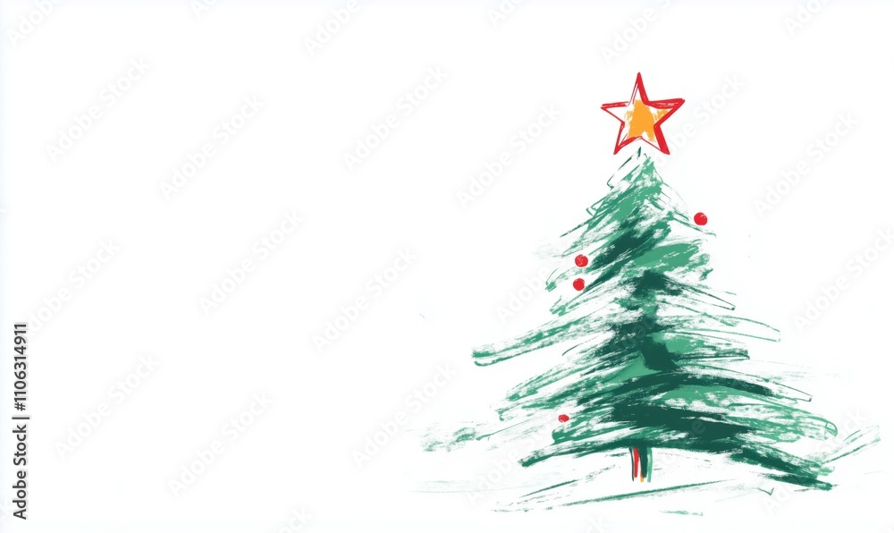 Christmas tree with star and ornaments, green pine tree with red decorations, festive holiday spirit Christmas tree with star and ornaments, green pine tree with red decorations, festive holiday spirit