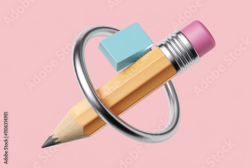 3D pencil  cube  eraser  metallic ring on pink background. photo