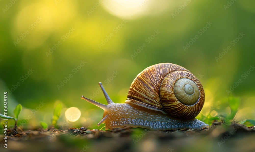 A close-up of a snail with a beautiful spiral shell, slowly moving on the ground with blurred green background A close-up of a snail with a beautiful spiral shell, slowly moving on the ground with blurred green background