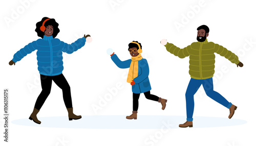 Family enjoying a playful snowball fight in winter attire on a snowy day