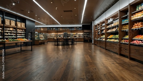 Luxury supermarket with wooden floors and glass walls.