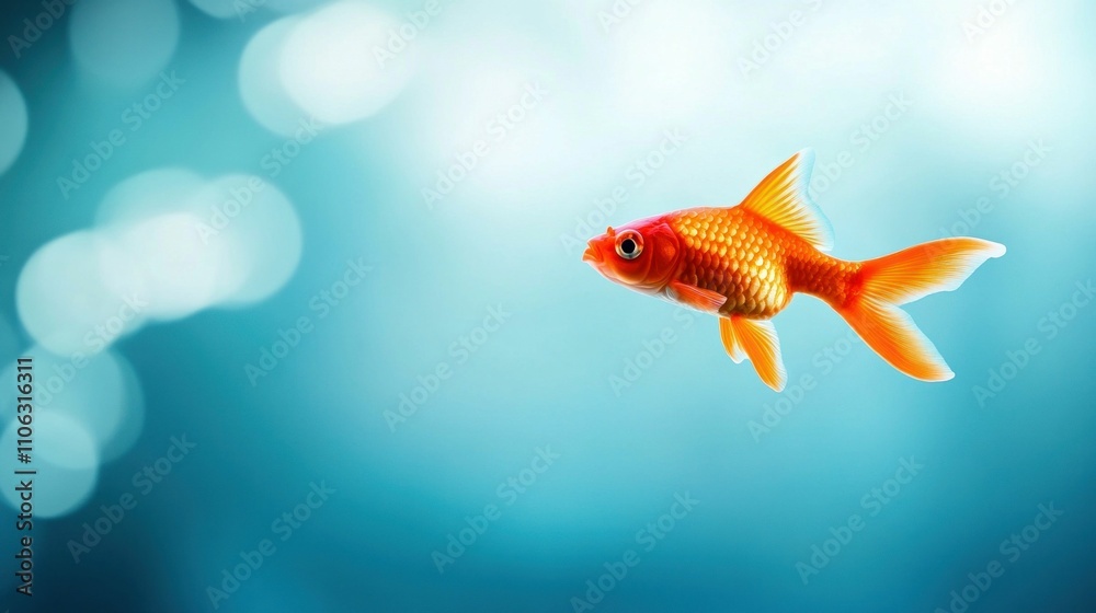 Cute Goldfish Floating Against Blue Background with Bokeh Effect Cute Goldfish Floating Against Blue Background with Bokeh Effect