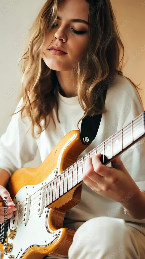 Young woman playing electric guitar with passionate expression in warm lighting