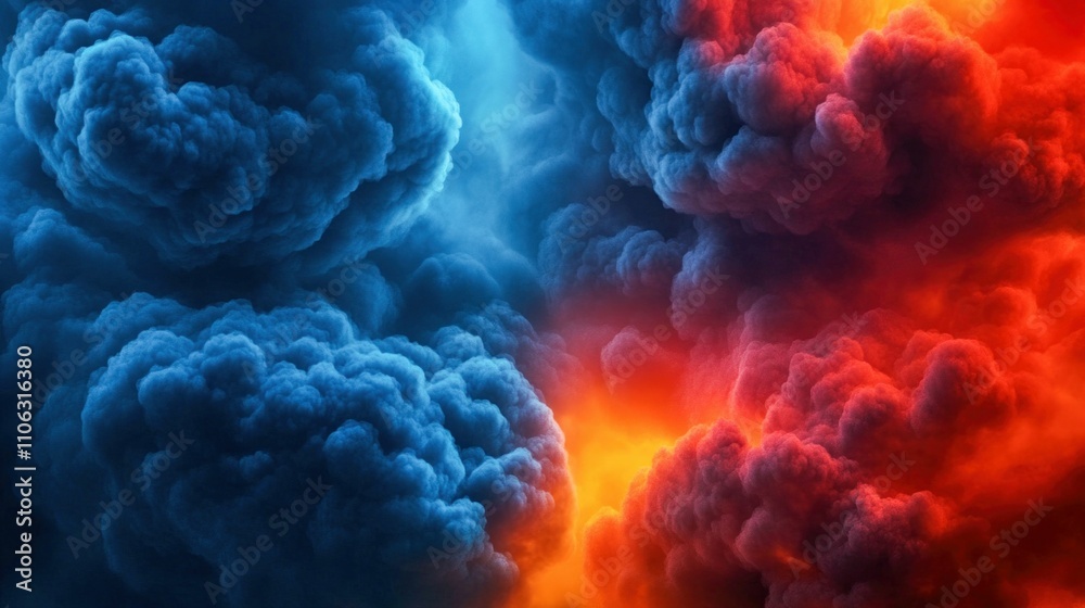 Fototapeta premium Red and Blue Smoke Clouds with Flames in Abstract Art Style