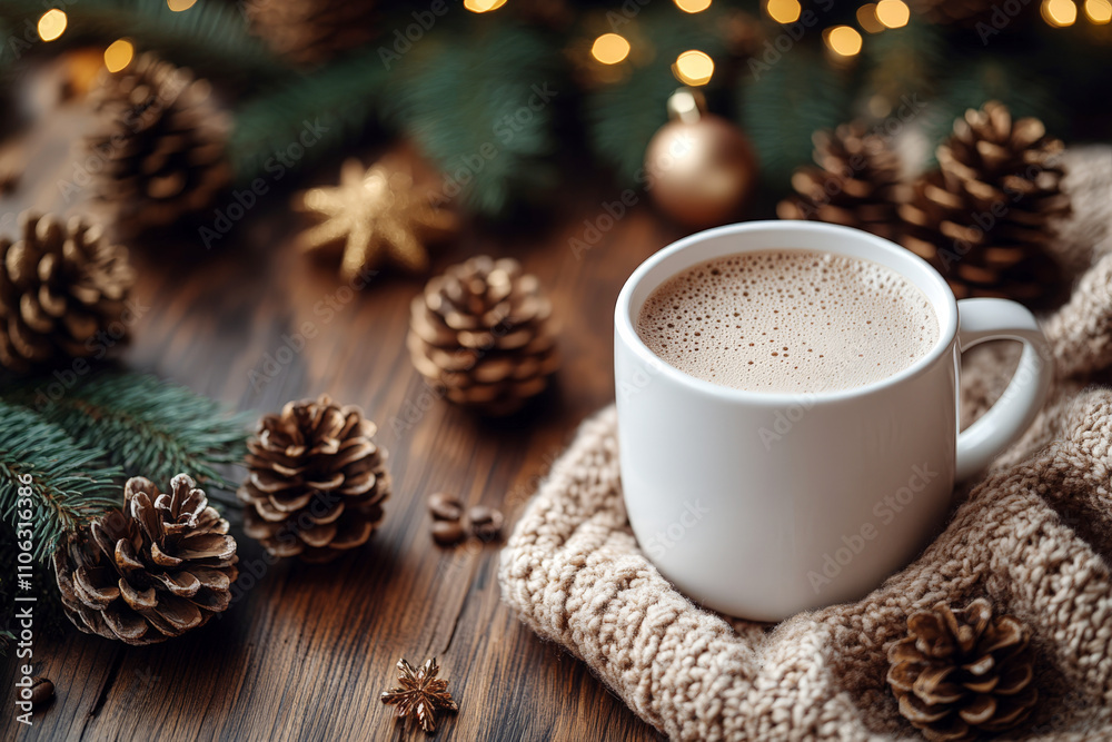 A white mug of hot chocolate on a wooden surface, surrounded by pinecones, cozy knit blanket, and Christmas lights in a festive setting. A white mug of hot chocolate on a wooden surface, surrounded by pinecones, cozy knit blanket, and Christmas lights in a festive setting.