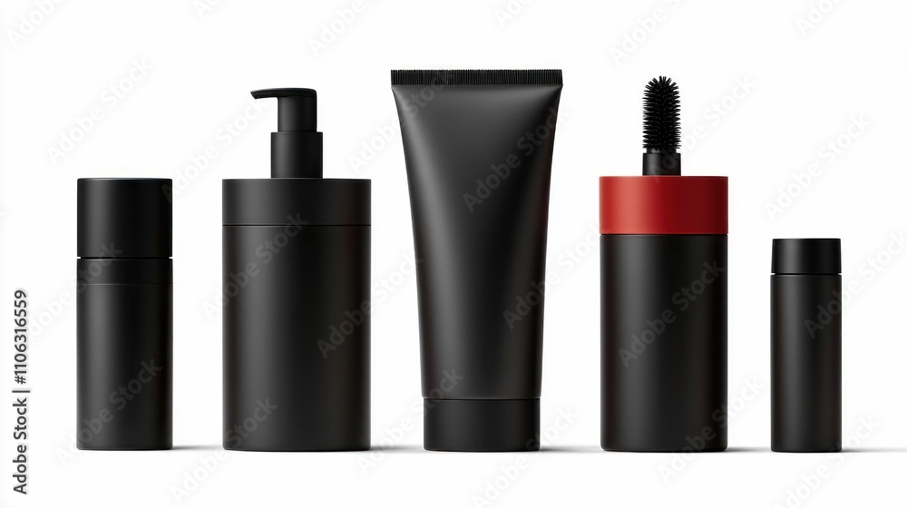 Black Cosmetic Packaging Set with Red Tops on White Background Black Cosmetic Packaging Set with Red Tops on White Background