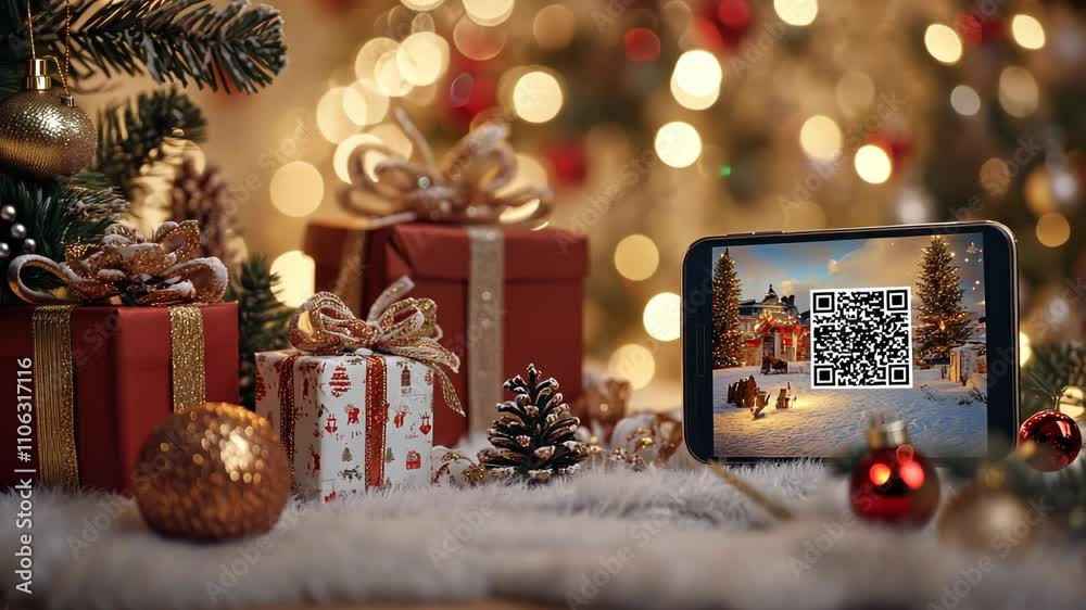 Festive holiday qr code display with gifts, lights, and ornaments in cozy setting