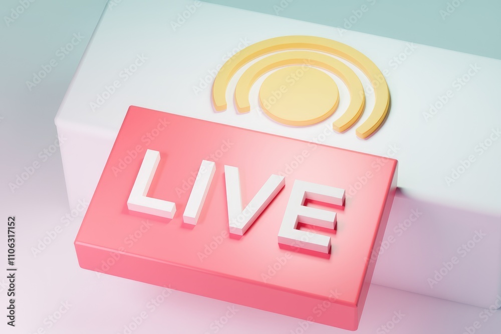 A 3D render of a pink 'LIVE' button with a yellow sun icon indicating a live stream A 3D render of a pink 'LIVE' button with a yellow sun icon indicating a live stream