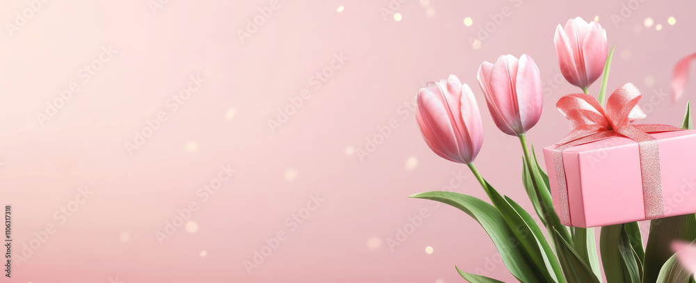 Naklejka premium Elegant pink background with tulips and a gift box, with space for text for Valentine's Day or Women's Day 