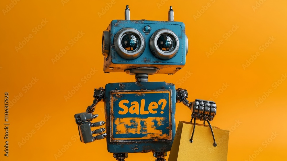 A robot enthusiastically holding a shopping bag with A robot enthusiastically holding a shopping bag with