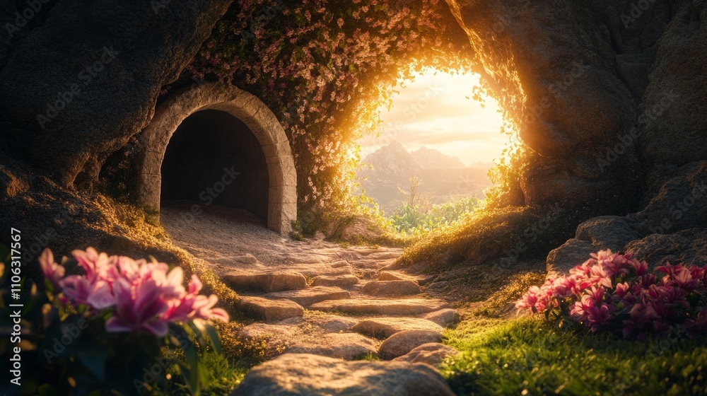 A serene depiction of the empty tomb, soft lighting, peaceful atmosphere, symbolic, spiritual A serene depiction of the empty tomb, soft lighting, peaceful atmosphere, symbolic, spiritual